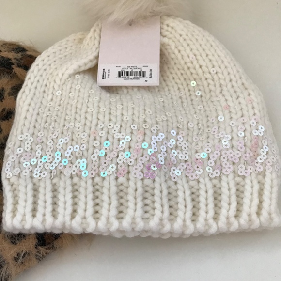 LC LAUREN CONRAD Pom Pom Beanie Hat Sherpa White Pink Sequins Knit Hat NWT - Picture 9 of 9